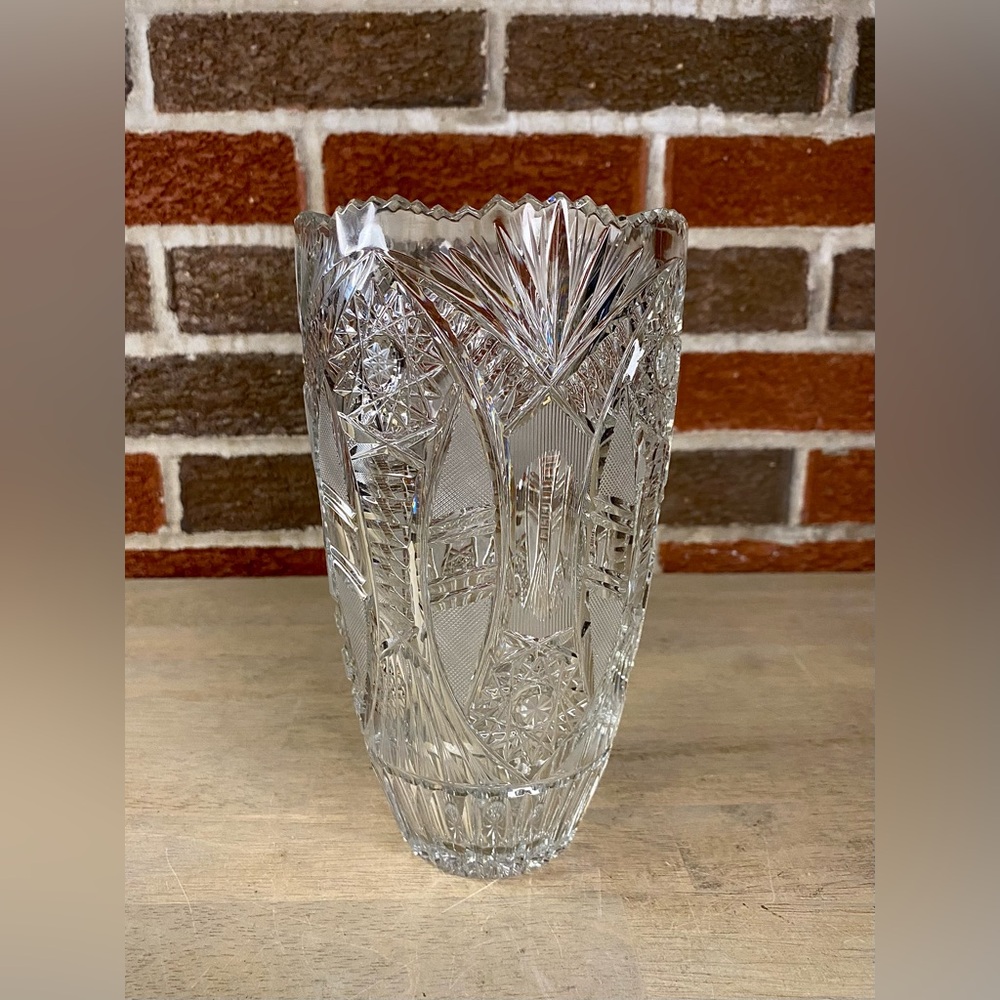 Vtg Crystal American Brilliant Period Cut Hobstar Clear Sawtooth 8 Inch‎ Vase